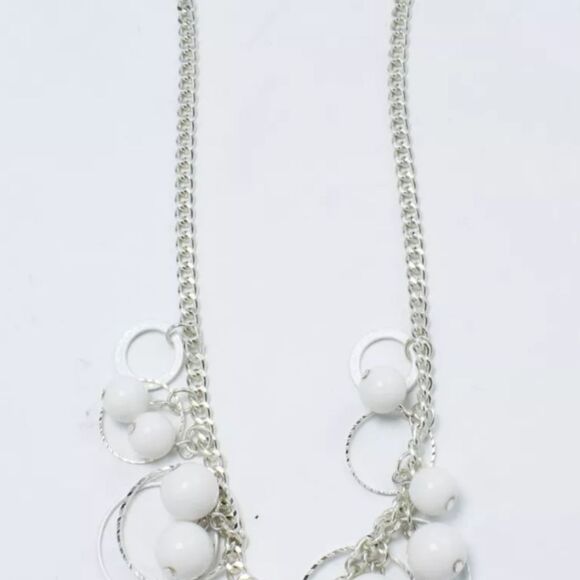 Silver Necklace with White Beads & Matching Earrings by MIXIT 17" NWT - Picture 2 of 2